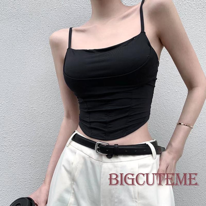 [] - Áo Croptop Không Tay Hở Lưng Có Mút Đệm Cổ Xương Cá Màu Trơn Mùa Hè Đường Phố Cho Nữ