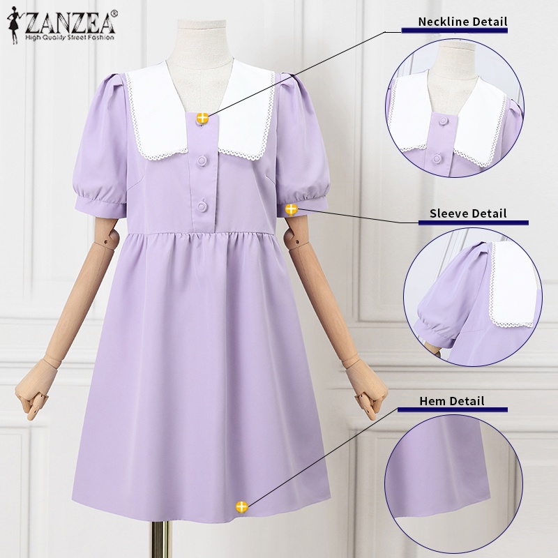 ZANZEA Đầm Mini Tay Ngắn Màu Trơn Dáng Rộng Phong Cách Hàn Quốc Thời Trang Cho Nữ