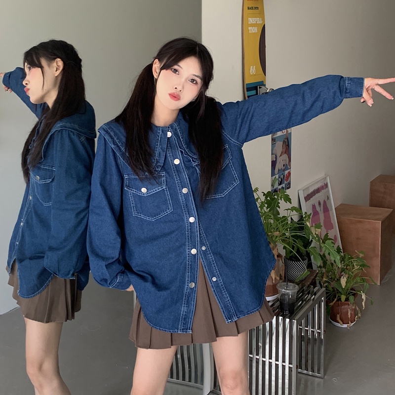 Áo Sơ Mi denim Dài Tay Màu Xanh Dương Thiết Kế Mới Mùa Thu Cho Nữ