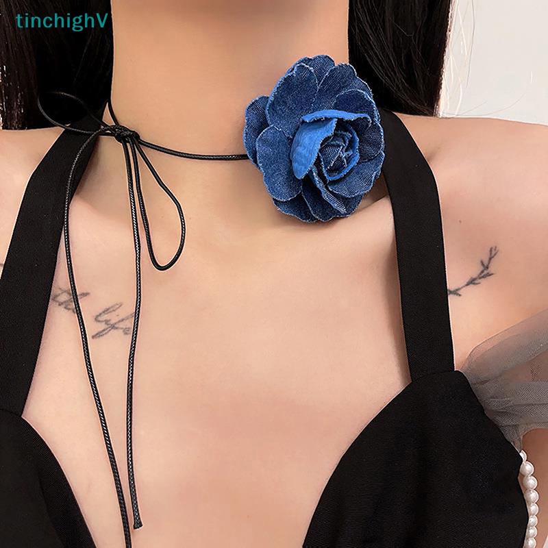 [TinchighV] 1 Vòng Cổ Choker Vải Jean Xanh Dương Nhiều Lớp Hình Hoa Cho Nữ Giới