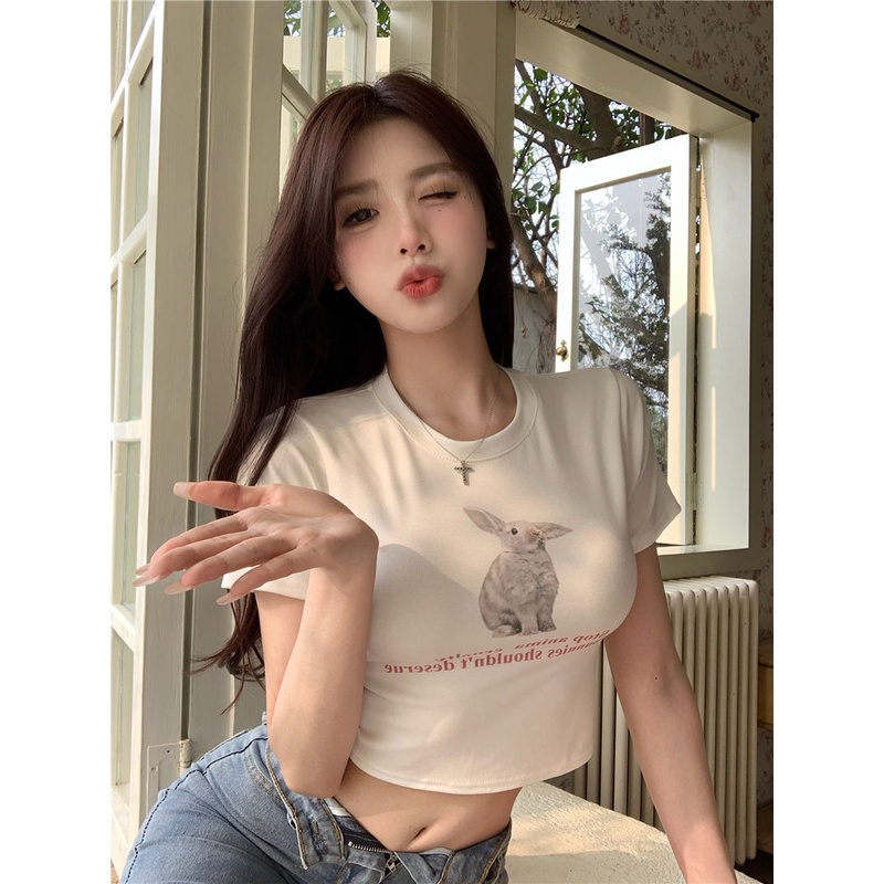 Áo Baby Tee Thun Croptop Nữ Ngắn Tay In Hình Thỏ Phong Cách Mới Cho Nữ