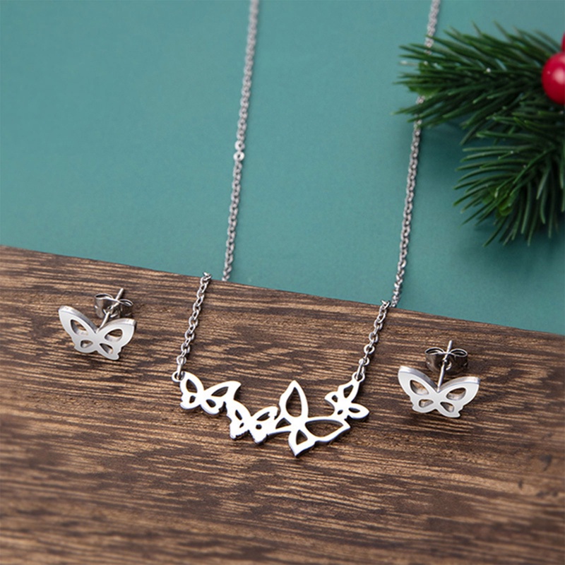 Bộ Vòng cổ + Bông Tai Hình Bướm Bằng Thép Không Gỉ Dễ Thương Cho Nữ