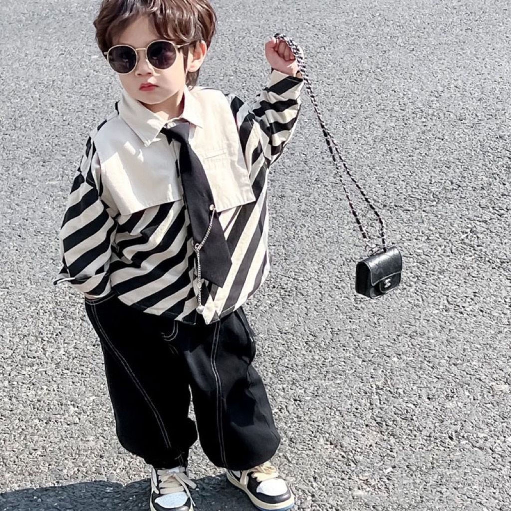 Bộ Áo Sơ Mi Kẻ Sọc Trắng Đen + Quần Dài Phong Cách Đường Phố Thời Trang Mùa Xuân Cho Bé Trai