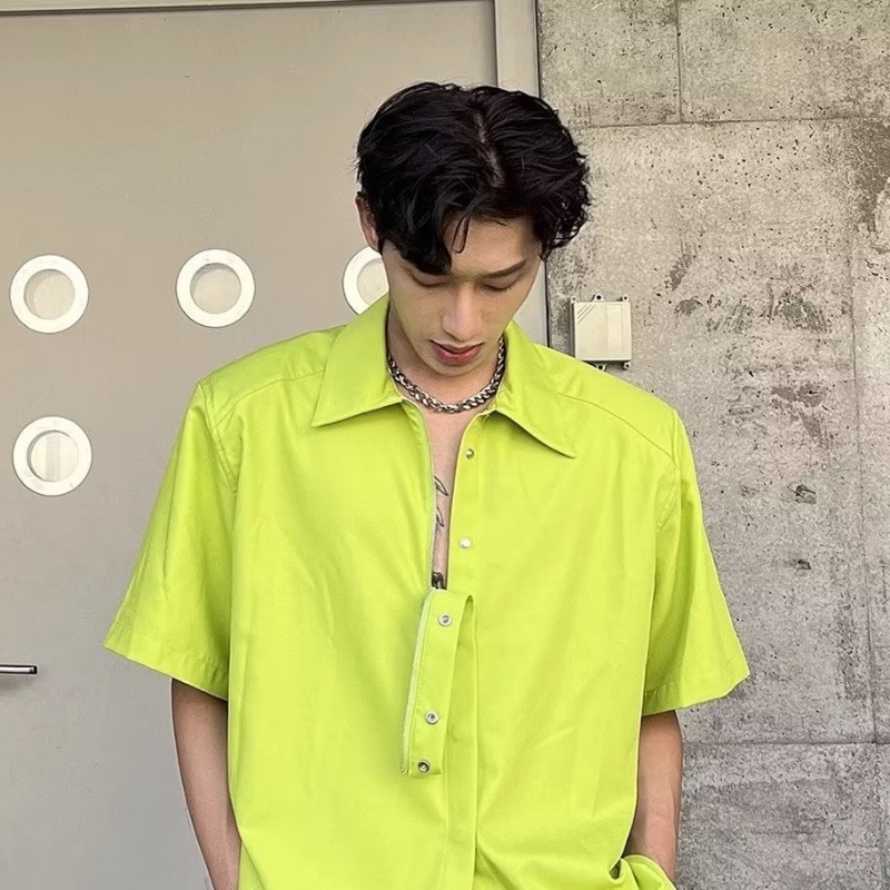 Áo Sơ Mi Tay Ngắn Dáng Rộng Màu Trơn Có Khóa Kéo Phong Cách Hàn Quốc Thời Trang Mùa Hè Hàng Mới Dành Cho Bạn Nam