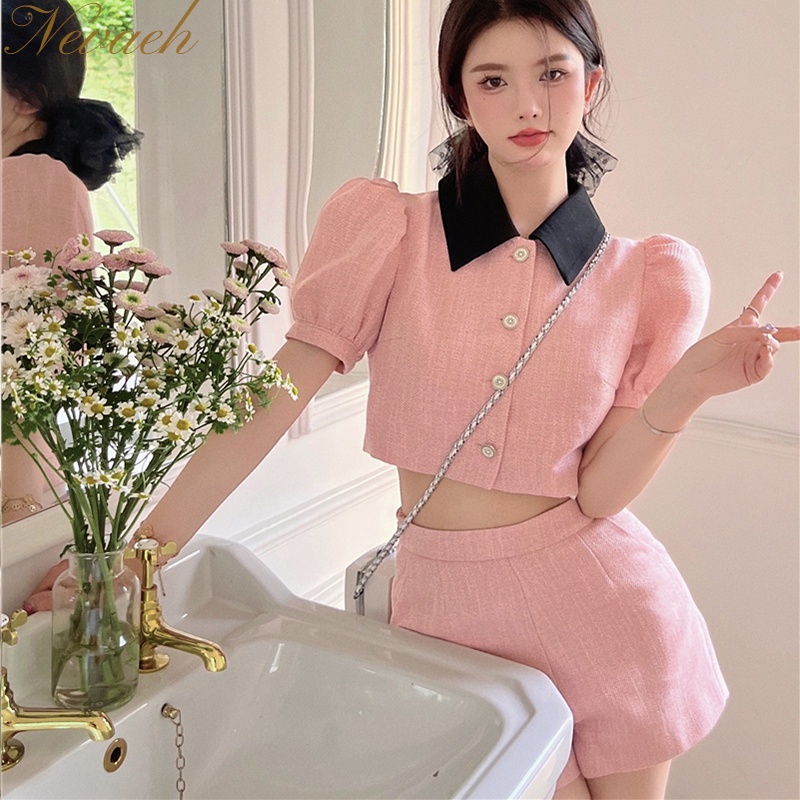 Set Áo Thun Ngắn Tay Và Quần short Lưng Cao Thời Trang Mùa Hè Cho Nữ