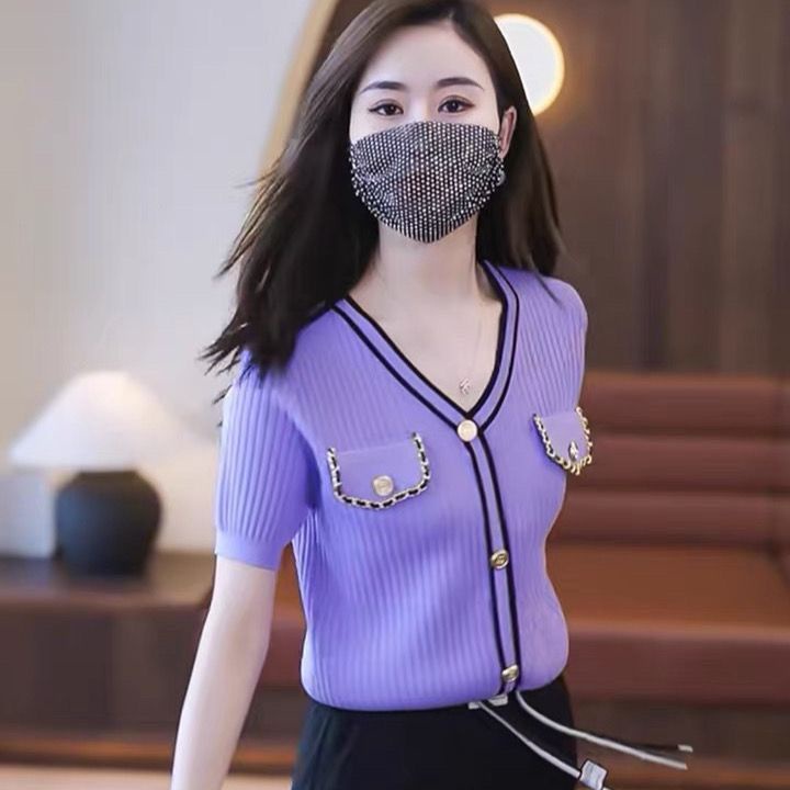 Áo Thun Tay Ngắn Dáng Rộng Cổ Chữ V Chất Lụa Lạnh Thời Trang Mùa Hè