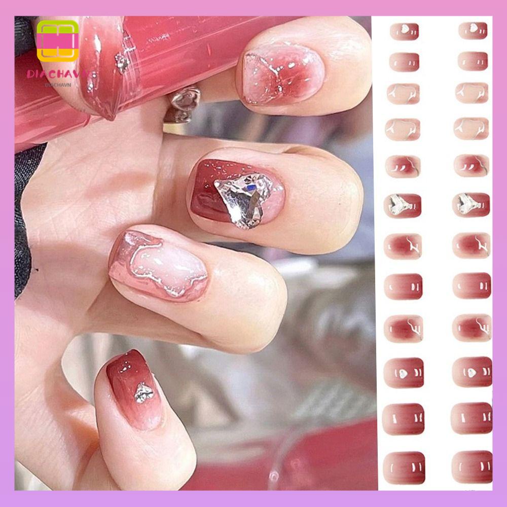 DIACHAVN Set 24 Móng Tay Giả Họa Tiết Trái Tim Lấp Lánh