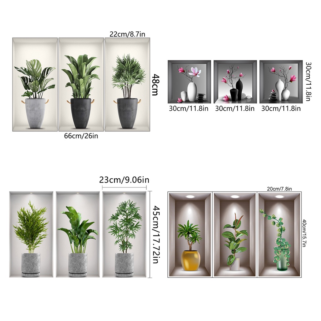 Set 3 Miếng Dán Tường Trang Trí Bằng PVC Tự Dính Hình Chậu Cây Xanh Tháo Rời Được