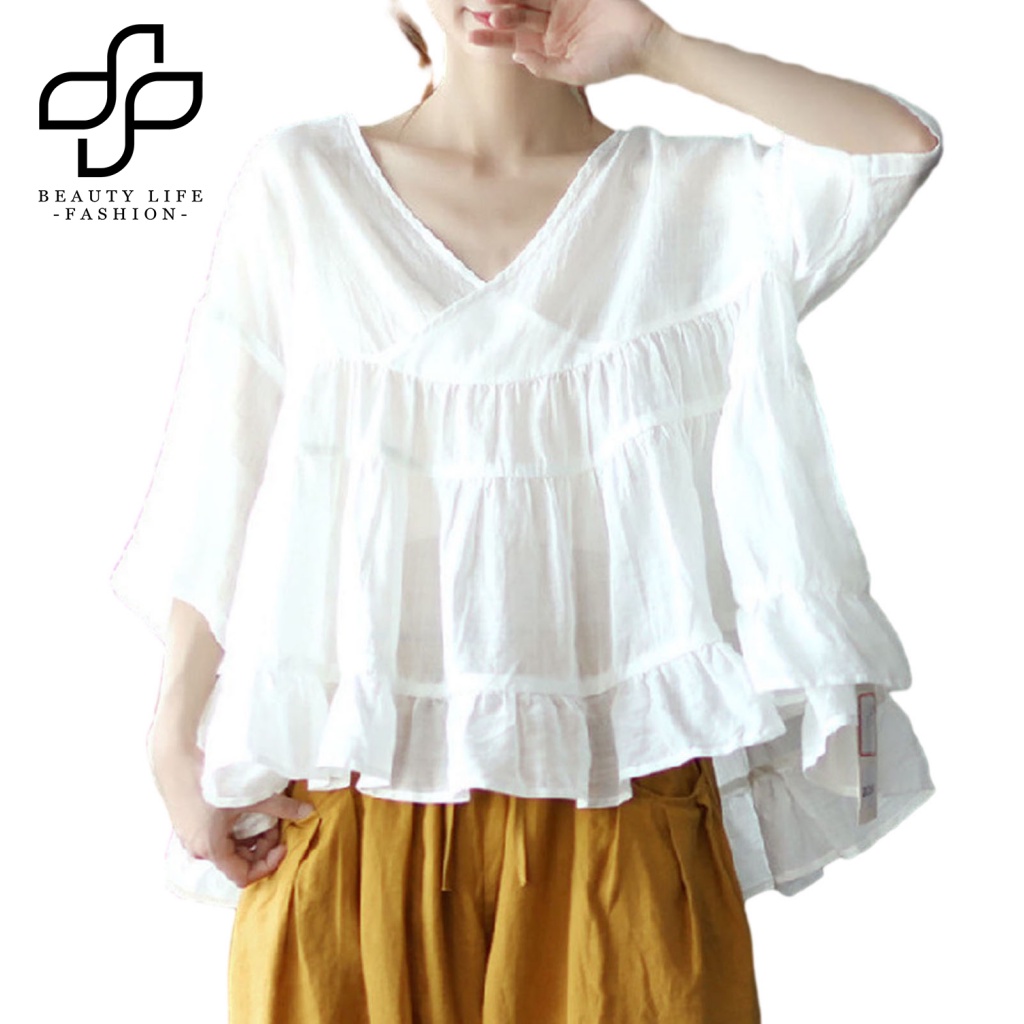 Áo Kiểu Chui Đầu Tay 3 / 4 Cổ Chữ V Viền Bèo Màu Trơn Thời Trang Mùa Hè Cho Nữ