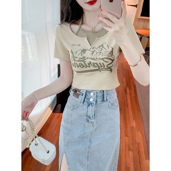 Áo Thun Ngắn Tay Giả Hai Lớp Phong Cách Mới Cho Nữ