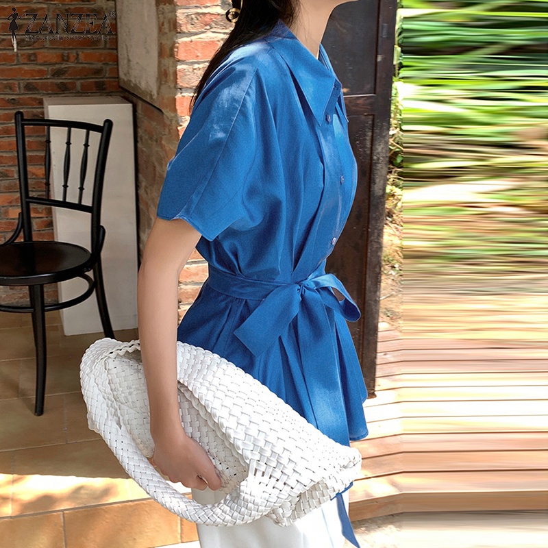 ZANZEA Áo Sơ Mi Ngắn Tay Xếp Ly Cổ Bẻ Thời Trang Hàn Quốc Cho Nữ