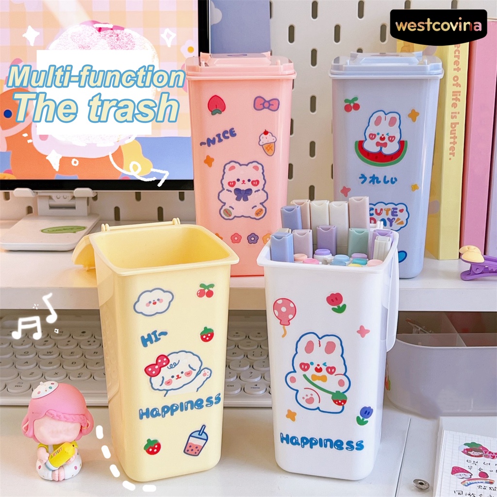 [WSTN] [WSTN]✎Thùng Rác Để Bàn Cỡ Lớn In Họa Tiết Hoạt Hình Có Nắp Đậy Tiện Dụng Ốp