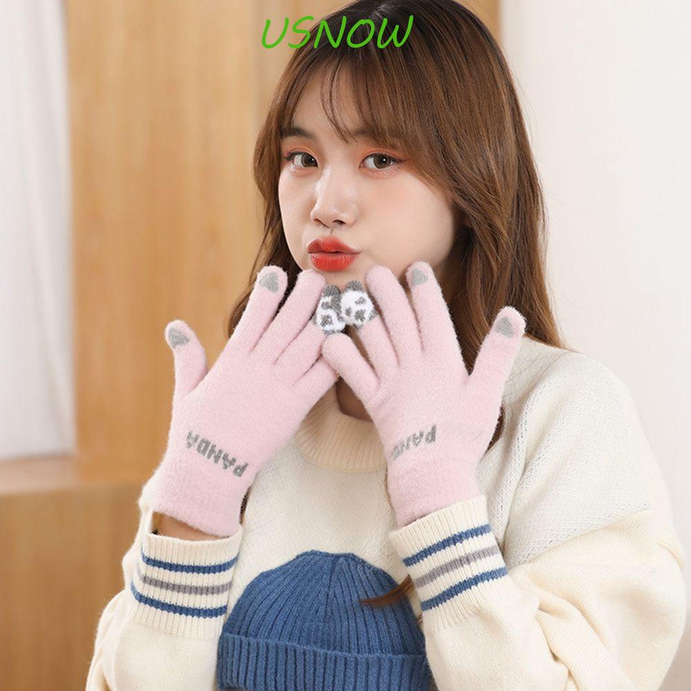 USNOW Găng Tay Len Dày Thoáng Khí Hình Gấu Trúc Đáng Yêu Cho Nữ