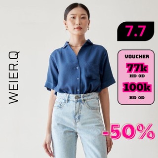 Áo sơ mi tơ đũi tay ngắn màu xanh navy - weier.q