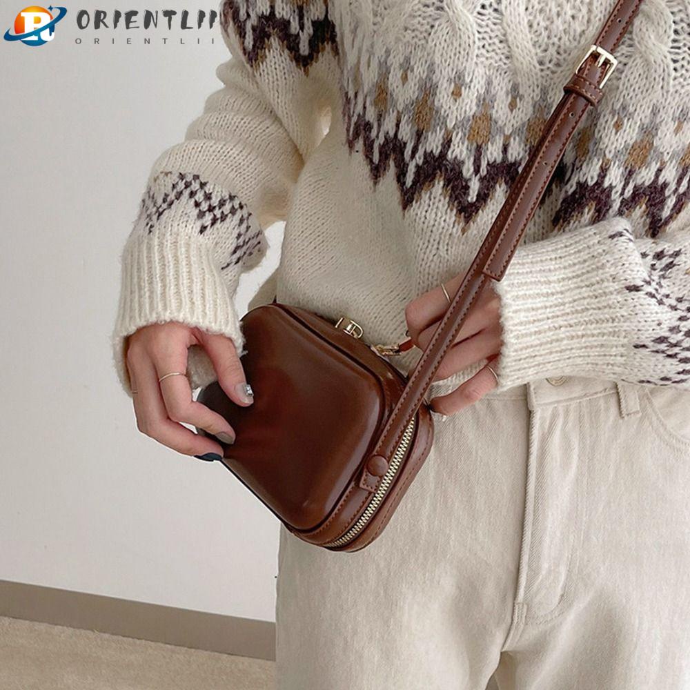 ORIENTLII Túi Đeo Chéo Mini Bằng Da Có Khóa Kéo Đôi Màu Trơn Phong Cách Retro Cho Nữ