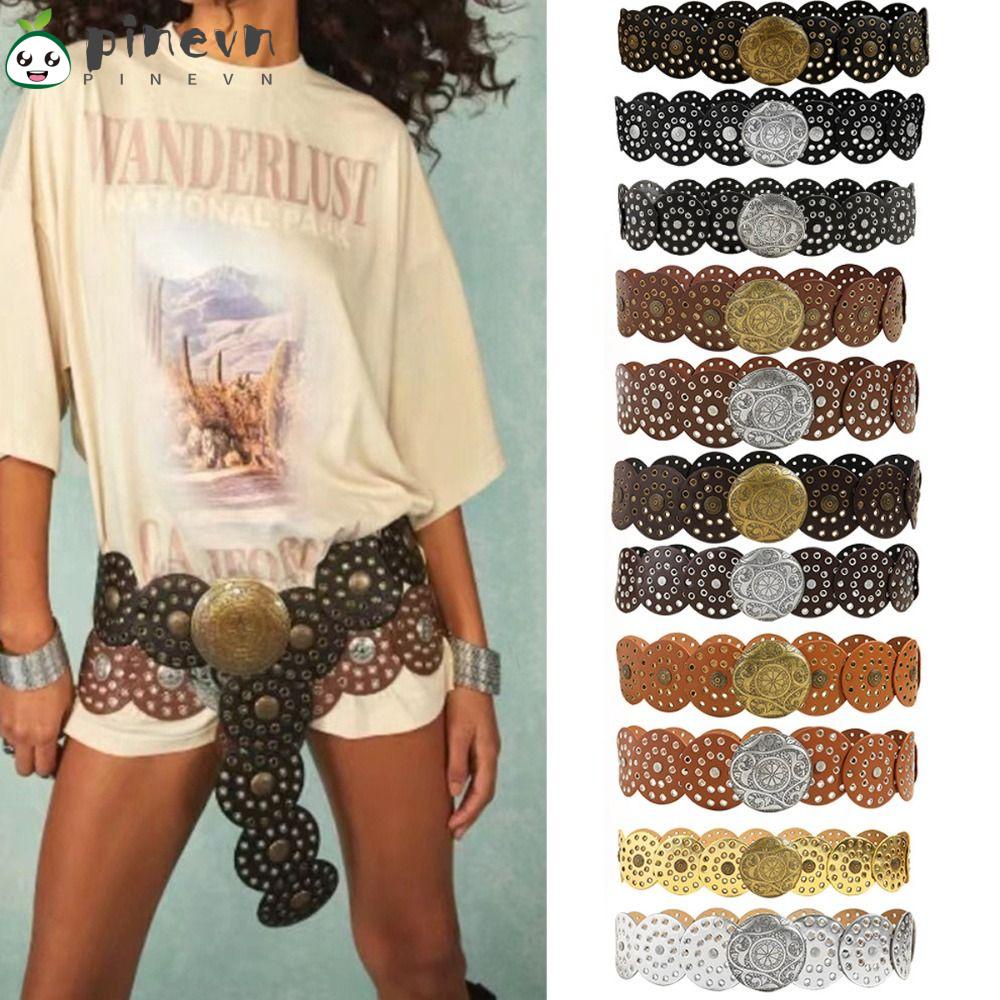 PINEVN Thắt Lưng Bản Rộng Có Khóa Kim Loại Phong Cách Cao Bồi Phương Tây Cổ Điển Cho Nữ