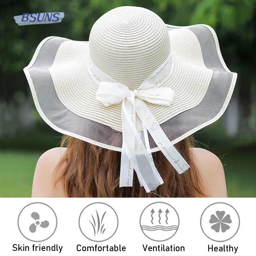 BSUNS Nón Rộng Vành Phối Ruy Băng Chống Tia UV Thời Trang Đi Biển Cho Nữ