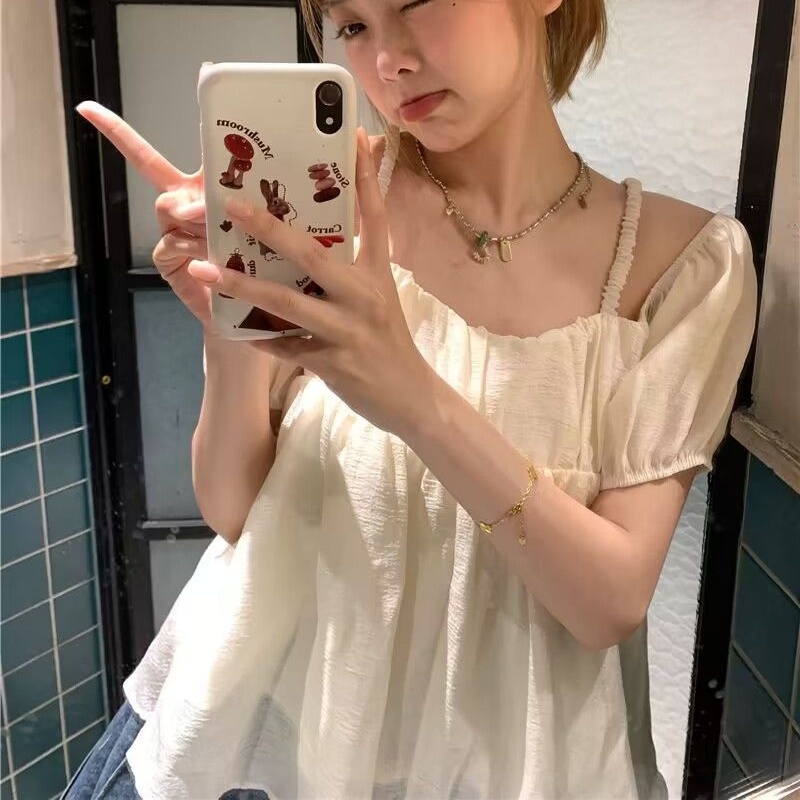 Áo Sơ Mi chiffon Tay Ngắn Hở Vai Dáng Rộng Phong Cách Nhật Bản Dành Cho Nữ