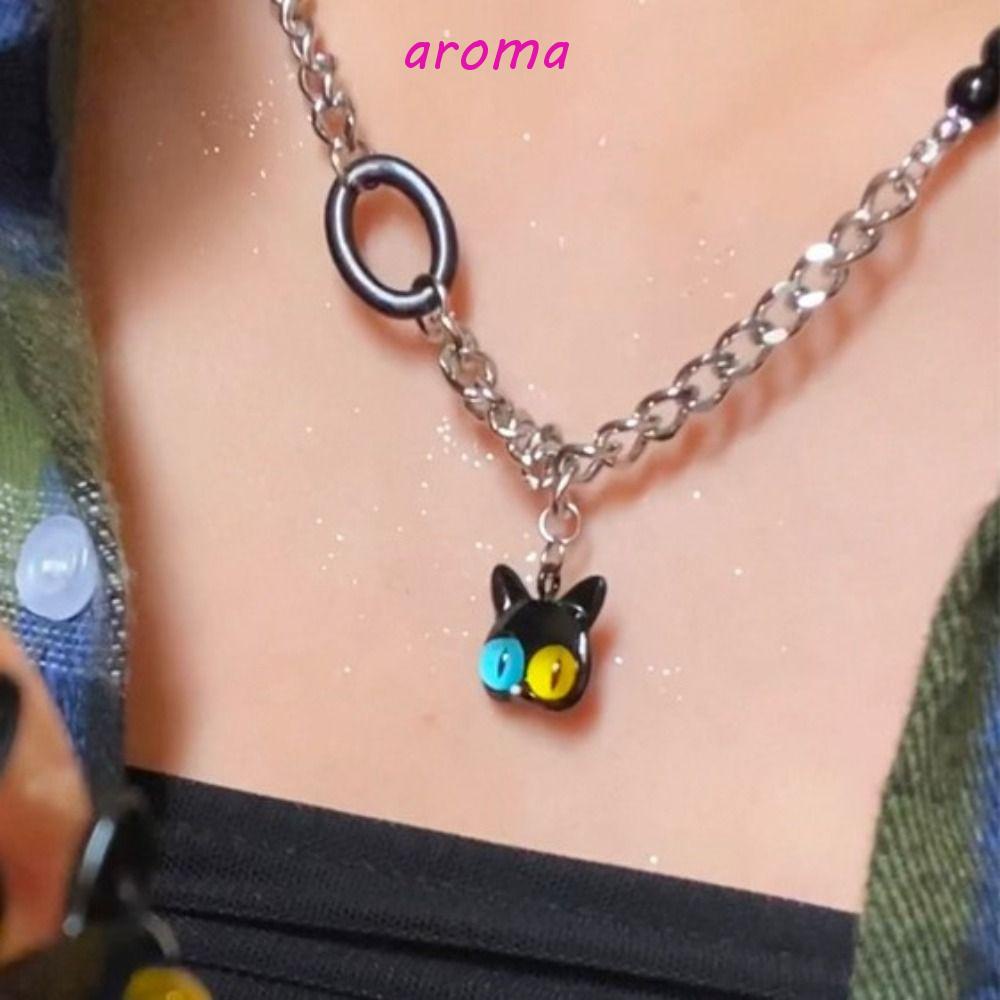 AROMA Vòng cổ Mạ Vàng 2K Đính Đá Nhân Tạo Màu Đen Phong Cách Hàn Quốc