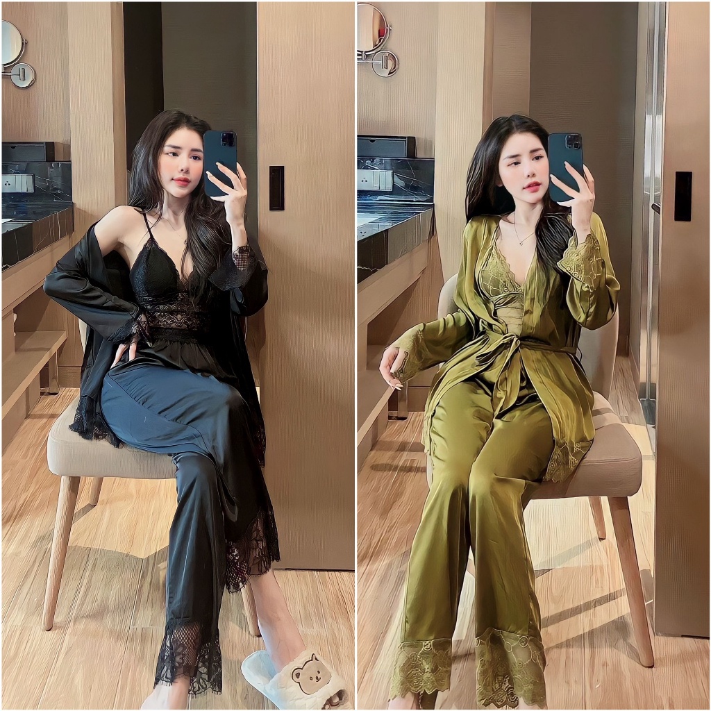 Set Đồ Ngủ Áo 2 Dây Phối Ren Sexy Kèm Áo Choàng & Quần Lụa Mềm Cực Mát Freesize Nami2