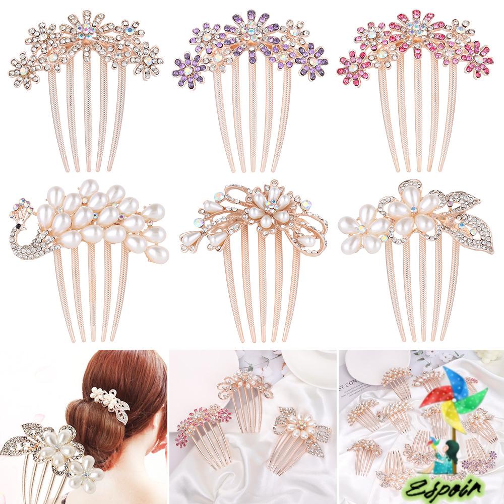 ESPO Lược Cài Tóc Cô Dâu Hình Hoa Lá Đính Pha Lê