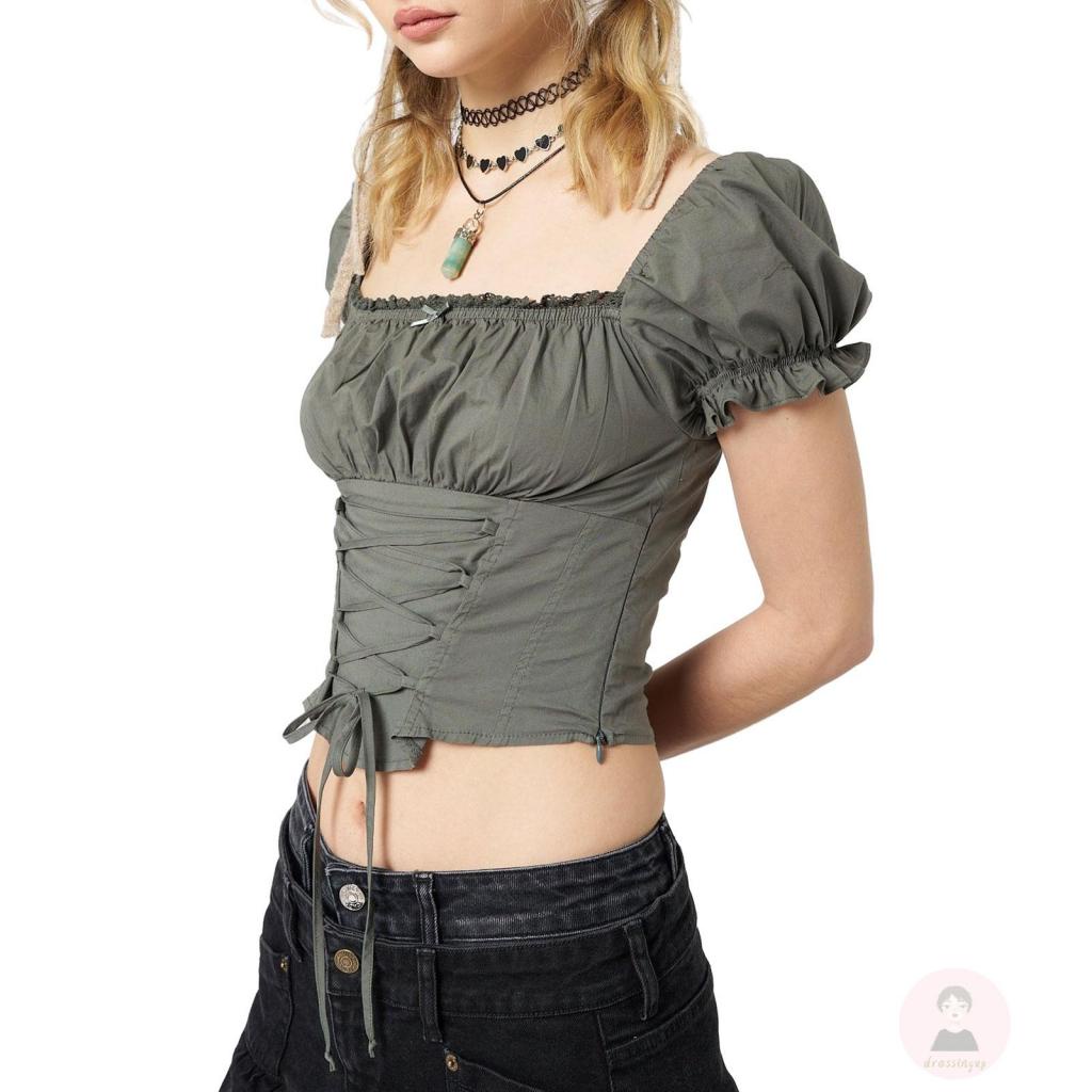 Áo Thun Ngắn Tay Cổ Vuông Thắt Dây Chéo Màu Sắc Đơn Giản Dành Cho Nữ