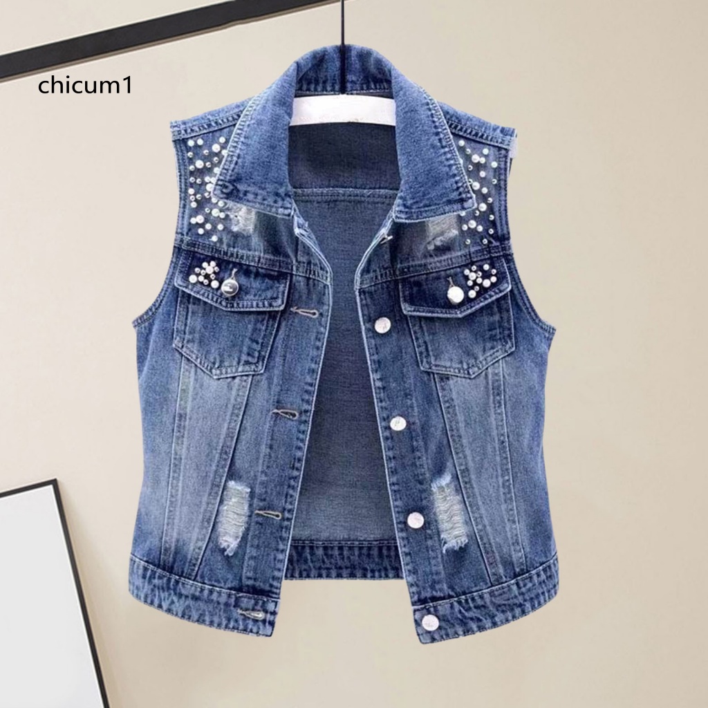 Áo Khoác Denim Không Tay Một Hàng Nút Màu Trơn Phối Lỗ Rách Đính Hạt Trang Trí Thời Trang Đường Phố Cho Nữ