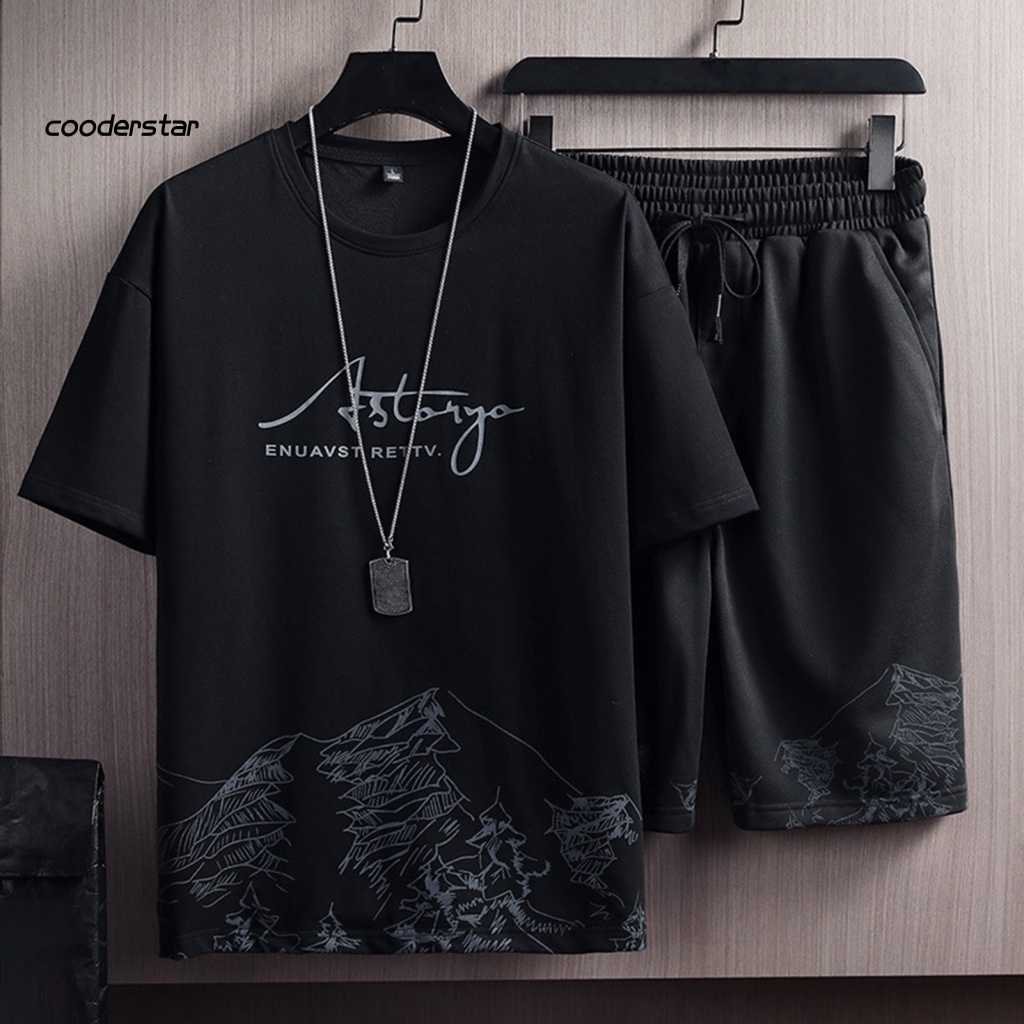 Set Đồ Thể Thao 2 Món Gồm Áo Thun Tay Ngắn Cổ Tròn + Quần Short Dáng Rộng Phối Dây Rút Co Giãn In Họa Tiết Núi