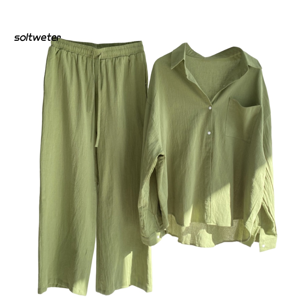 Bộ Trang Phục 2 Mảnh Gồm Áo Màu Trơn Dáng Rộng Và Quần Dài Lưng Thun Ống Rộng Thời Trang Cho Nữ