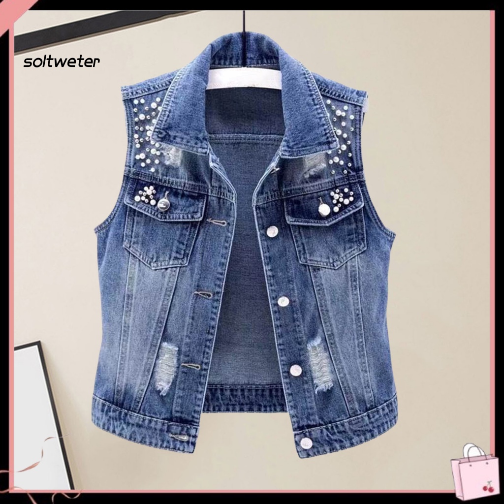 Áo Khoác Denim Sát Nách Màu Trơn Cài Một Hàng Nút Có Túi Và Lỗ Xỏ Hạt Trang Trí Đường Phố Cho Nữ