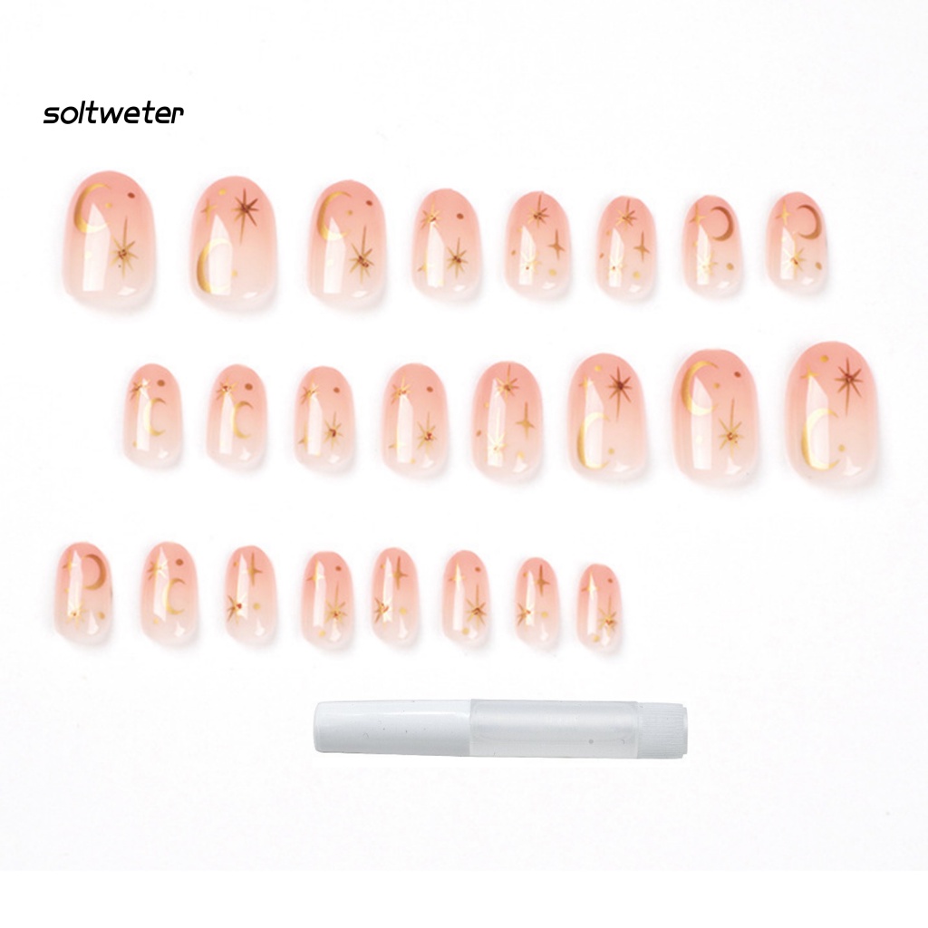Bộ 24 Móng Tay Giả Ngắn Che Phủ Toàn Diện Dạng Nhấn Hình Ngôi Sao / Mặt Trăng Màu Vàng Bóng Bẩy Cho Nữ DIY