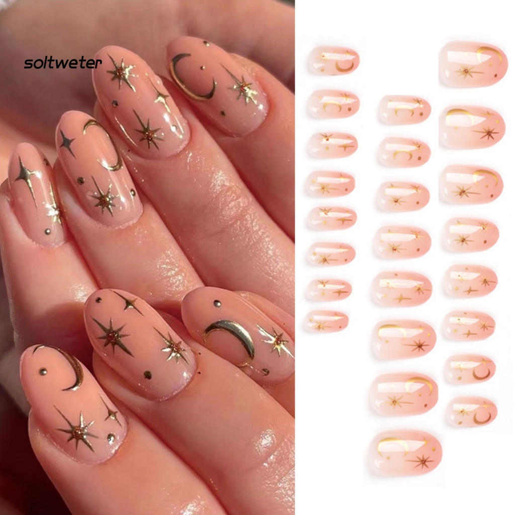 Bộ 24 Móng Tay Giả Ngắn Che Phủ Toàn Diện Dạng Nhấn Hình Ngôi Sao / Mặt Trăng Màu Vàng Bóng Bẩy Cho Nữ DIY