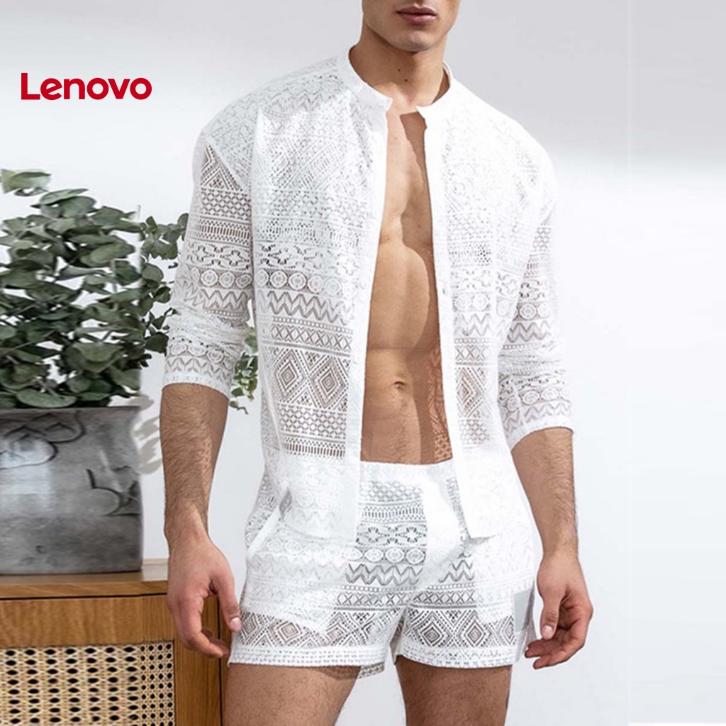 1 Bộ Áo Ren + Quần Short Màu Trơn Xuyên Thấu Thời Trang Mùa Thu Cho Nam