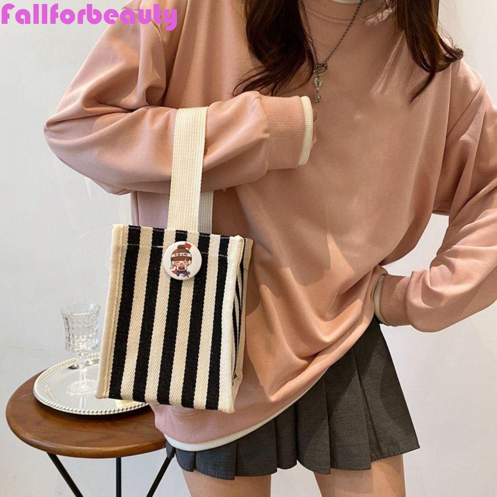 FALLFORBEAUTY Túi Xách Vải Canvas Tay Cầm Ngắn Họa Tiết Hoạt Hình Kẻ Sọc Đơn Giản Dành Cho Đi Du Lịch