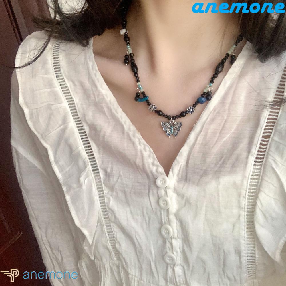ANEMONE Vòng Cổ Chuỗi Hạt Mặt Hình Bướm Màu Tối Phong Cách Hip Hop Thời Trang Cho Nữ