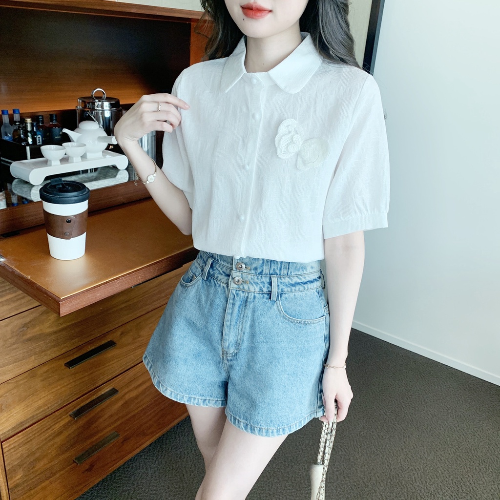 Áo Sơ Mi Vải Jacquard Cotton Mỏng Thêu Họa Tiết Ngọt Ngào Cho Nữ