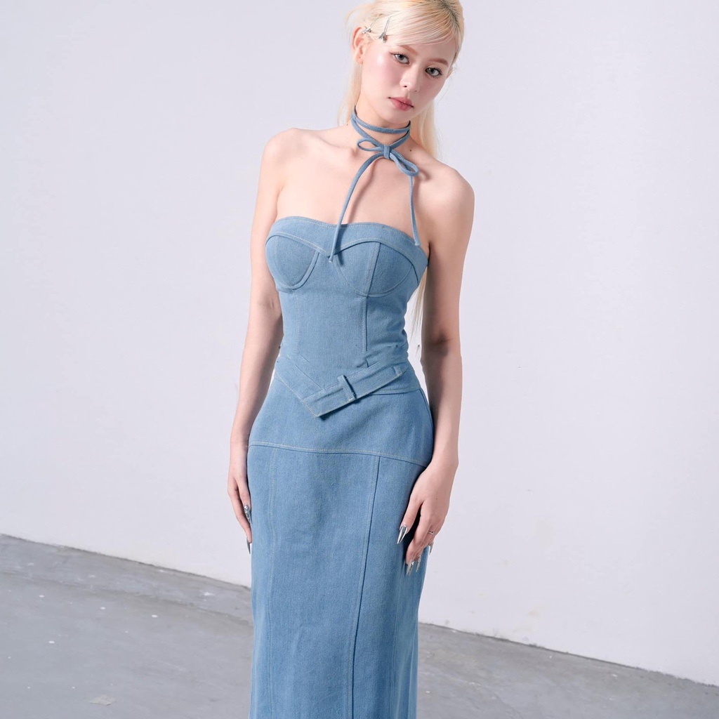 M572- Set áo jean croptop cúp ngực phối chân váy midi dài sang xinh