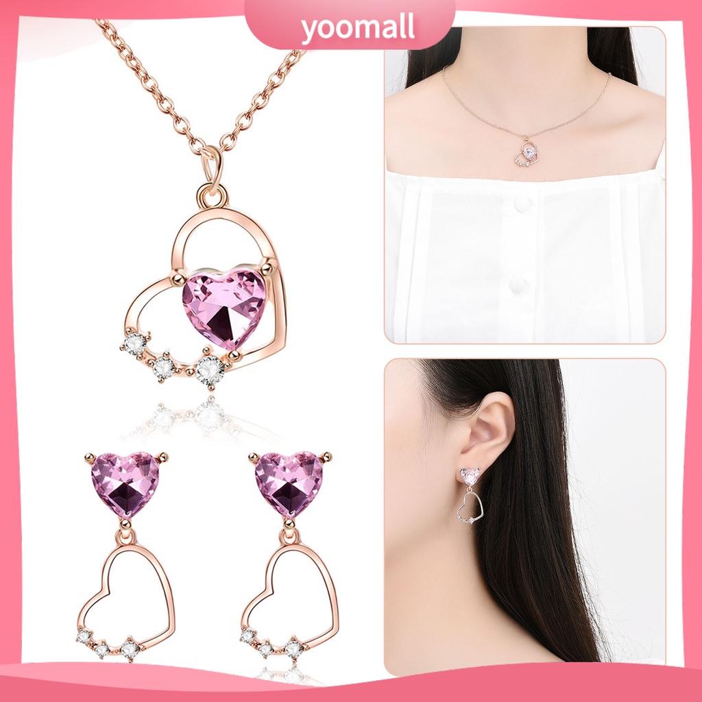 1 Bộ Vòng cổ + Bông Tai Đính Đá Hình Trái Tim Lấp Lánh Cho Nữ