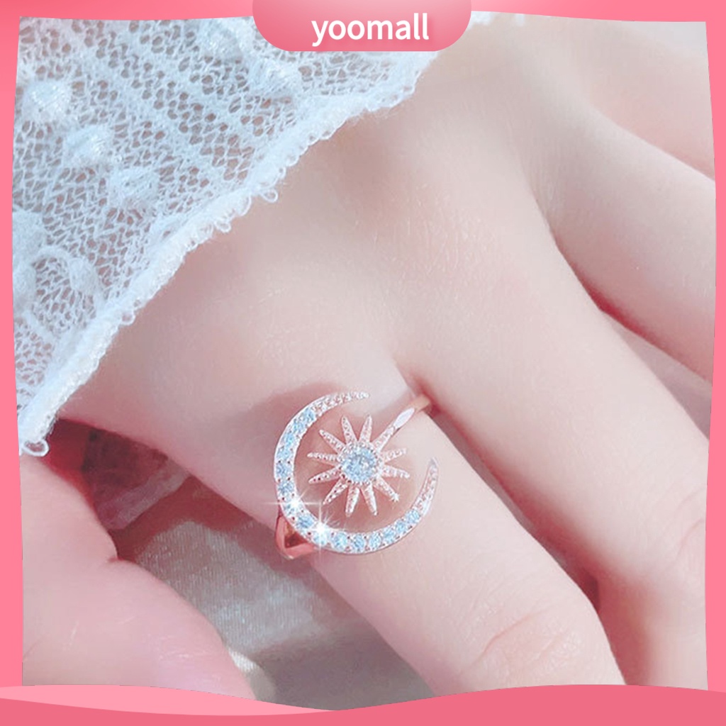 [YM] Nhẫn Mở Hình Học Đính Đá Mặt Trăng Ngôi Sao Thanh Lịch Làm Quà Tặng Trang Sức Cho Nữ