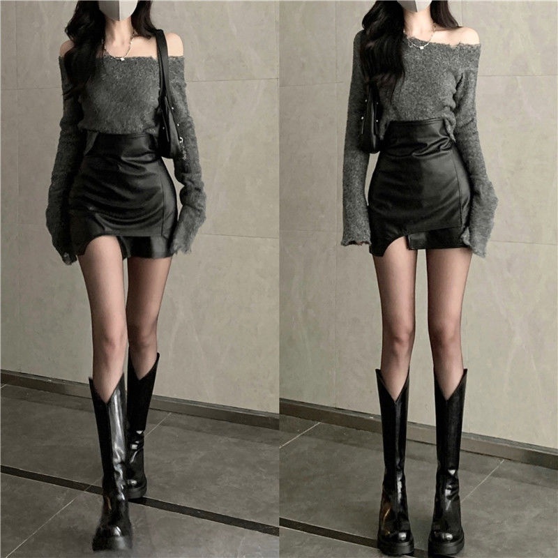 𝒀𝒂𝒏𝒚𝒂𝒏   Bộ Áo Sweater Dệt Kim Lệch Vai Phối Chân Váy Da Eo Cao Sành Điệu Cho Nữ