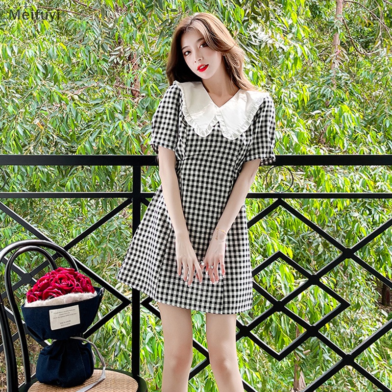[Meifuyi] Women Summer Dress Short Sleeve Plaid Peter Pan Collar High Waist Casual Dresses COD
