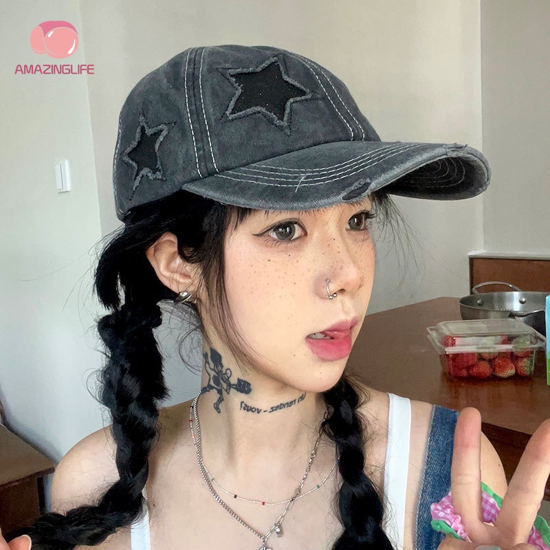 Mũ Lưỡi Trai Denim Đính Lỗ Đuôi Ngựa / Y2K Phong Cách Cổ Điển Có Thể Điều Chỉnh Kích Cỡ