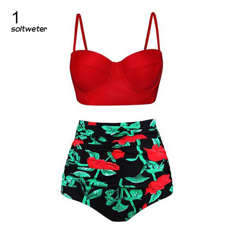 Bộ Bikini Hai Mảnh Lưng Cao In Họa Tiết Hoa Lá Mùa Hè Cho Nữ