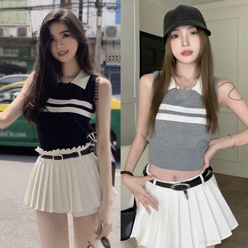 Áo Croptop Dệt Kim Sát Nách Cổ Bẻ Thời Trang Mùa Hè Hàn Quốc Cho Nữ