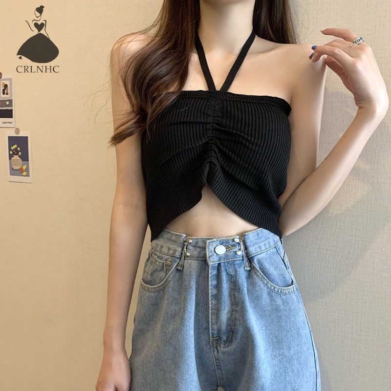 Áo croptop CRLNHC dệt kim hai dây dáng ngắn thời trang mùa hè cho nữ