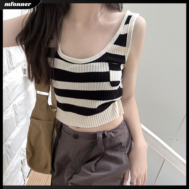 Áo Croptop Sát Nách Vải Lụa Lạnh Màu Sắc Tương Phản Kiểu Retro Thời Trang Mùa Hè Cho Nữ