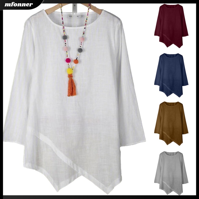 Áo Thun Cotton Lanh Tay Dài Cổ Tròn Màu Sắc Đơn Giản Thanh Lịch Dành Cho Nữ