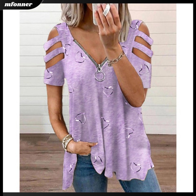Áo Thun Tay Ngắn Dáng Rộng Cổ Chữ V Có Khóa Kéo In Họa Tiết Thanh Lịch Cho Bạn Gái