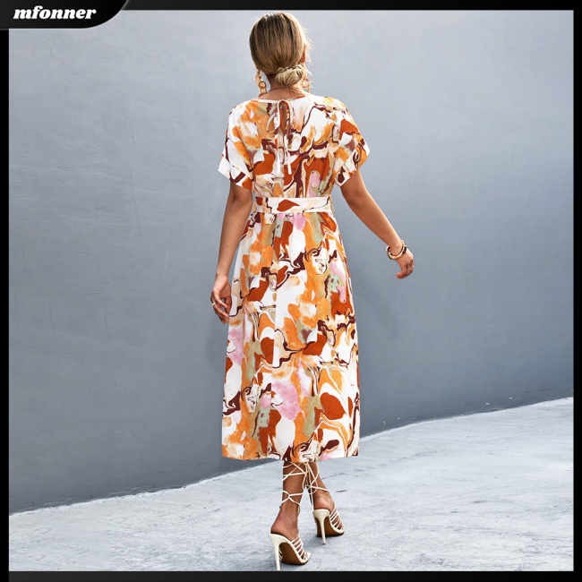 Đầm Dài Tay Ngắn Cổ Tròn Thắt Nơ Sau Lưng Họa Tiết Hoa Phong Cách Boho Cho Nữ