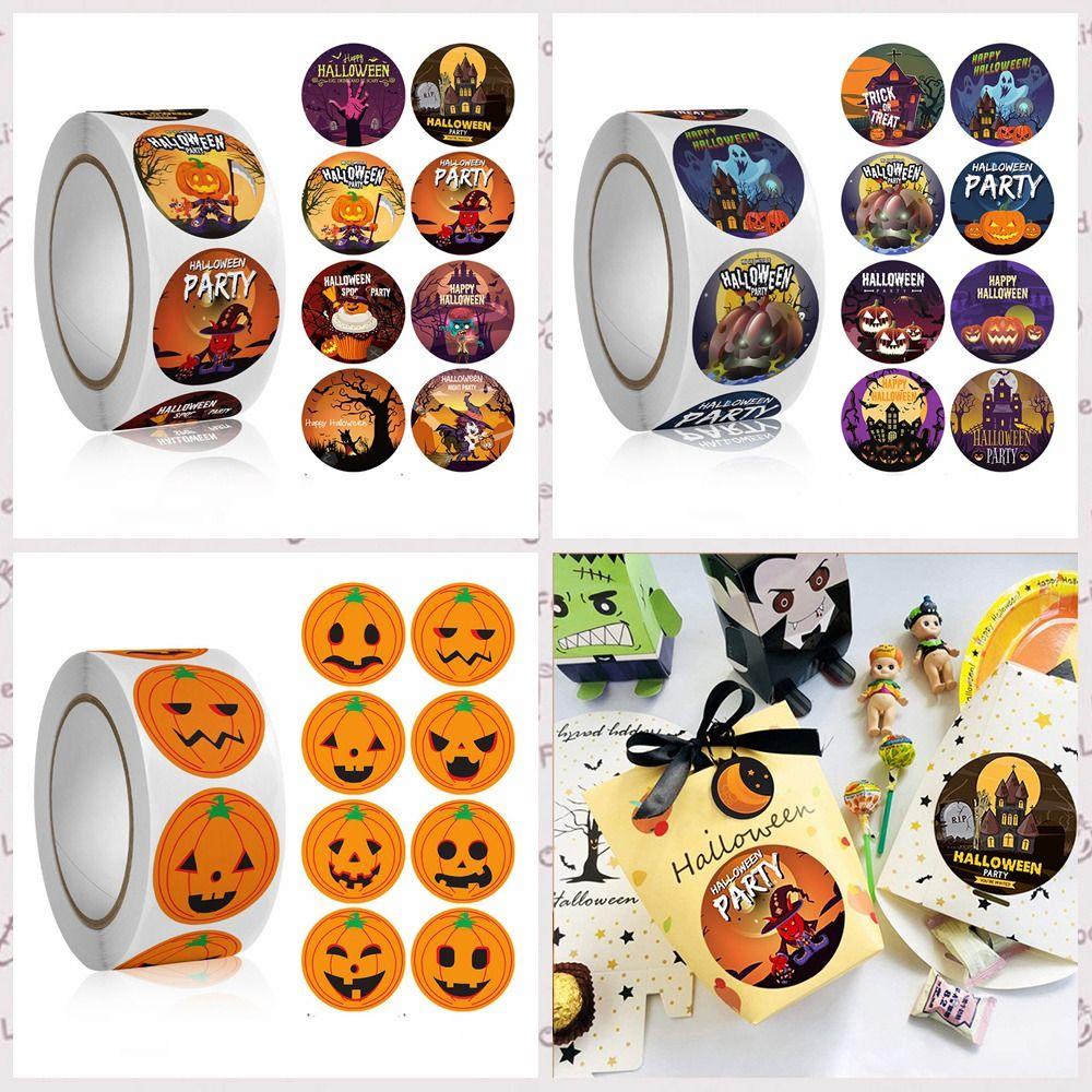 Cuộn 500 Nhãn Dán Trang Trí halloween Tự Dính Không Cần Keo Dán Họa Tiết Bí Ngô halloween